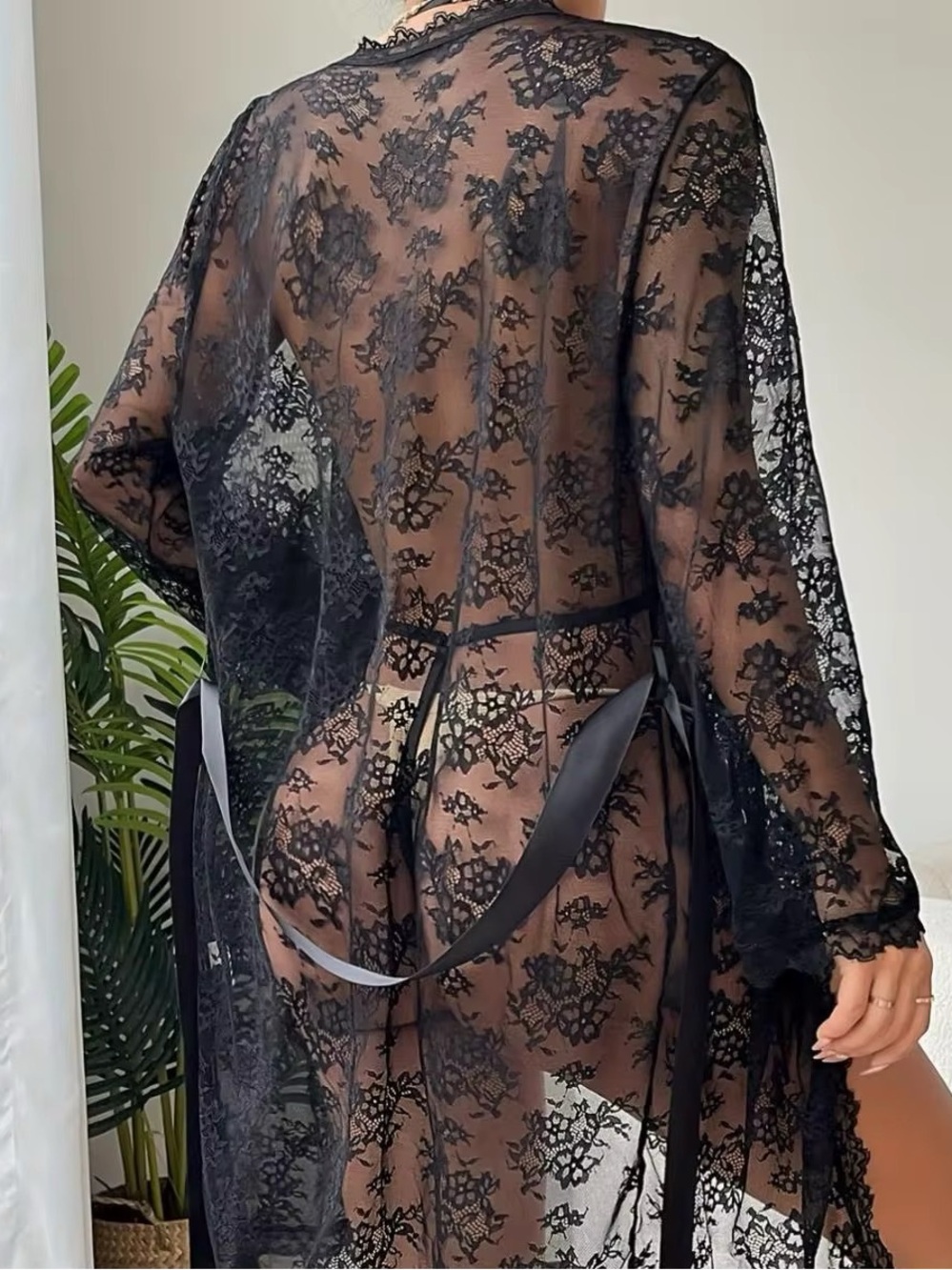 NWT Black Sheer Lace Lingerie Teddy Robe Set - Picture 2 of 4